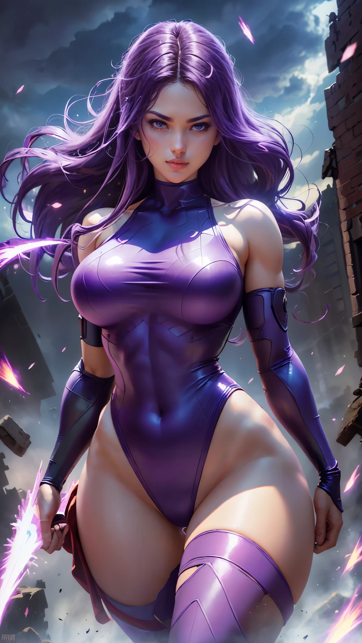 Psylocke da Marvel,(best qualityer,4K,8k,high resolution,work of art:1.2)(weather: cloudy), new york background, city ruins, wide hips, long curly hair, purple hair, sleeveless leotard, arm long fingerless gloves, long red belt, thigh high stockings, hugh heels, light makeup, fighting stance, ultra detailed,portrait,realistic,beautiful detailed blue eyes, beautiful detailed lips,extremely detailed eye and face, long eyelashes,average, large breasts,flying hair,beaming smile, sexy smile,powerful girl in combat, bright coloured, dramatic lighting, purple sparks,