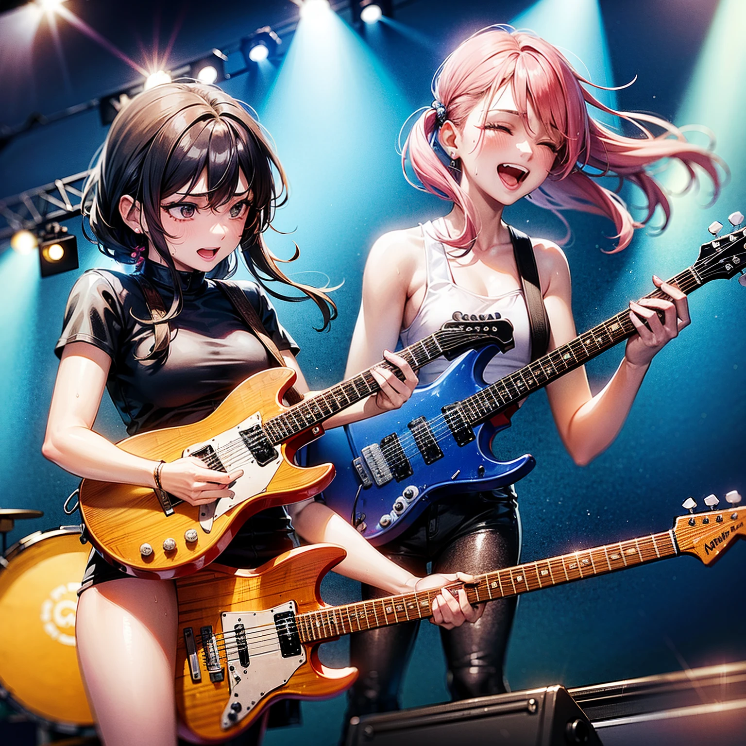 Two women performing live at an outdoor concert venue、Wearing flashy costumes on stage、There is music equipment on the stage.、guitarist、Musician、Singing happily、The girl is sweating beautifully、Sweaty skin、Playing guitar hard、Headbanging、Cool woman、My hair gets messy while playing