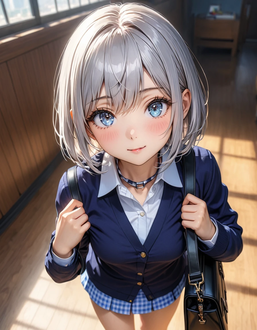 (masterpiece,best quality) (cute, hdr, 32K, high details, perfect lighting, perfect anatomy), BREAK (shiny silver hair:1.2), (bob cut, bang between eyes, beautiful hair), (glossy silver eyes:1.5), (beautiful eyes, twinkle eyes, large eyes), (athlete body), cute face, beautiful face, pretty face, beautiful, best quality, good anatomy, long eyelashes, expressive eyes, Perfect Hands, perfecteyes, BREAK cute school uniform, outerwear is (dark navy large cotton cardigan:1.5), closed front, long sleeves, (button-up:1.3), (dark navy tops:1.5), innerwear is white collared shirt, she buttons up the collar of her inner shirt, (light blue gingham plaid ribbon on neck:1.3), light blue gingham plaid pleated skirt, mini skirt, white socks, loafers, holding black school bag left shoulder, BREAK 1girl, at (10:00 O'clock, morning, sunny day), (running), city, close eyes, open mouth, smile,