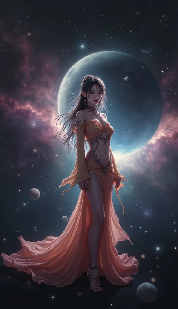 An exquisite fusion of art styles, showcasing a girl in a bikini crafted from gemstones, standing atop a mystical moonlit altar, surrounded by an ethereal, dreamlike landscape that blurs the lines between reality and fantasy