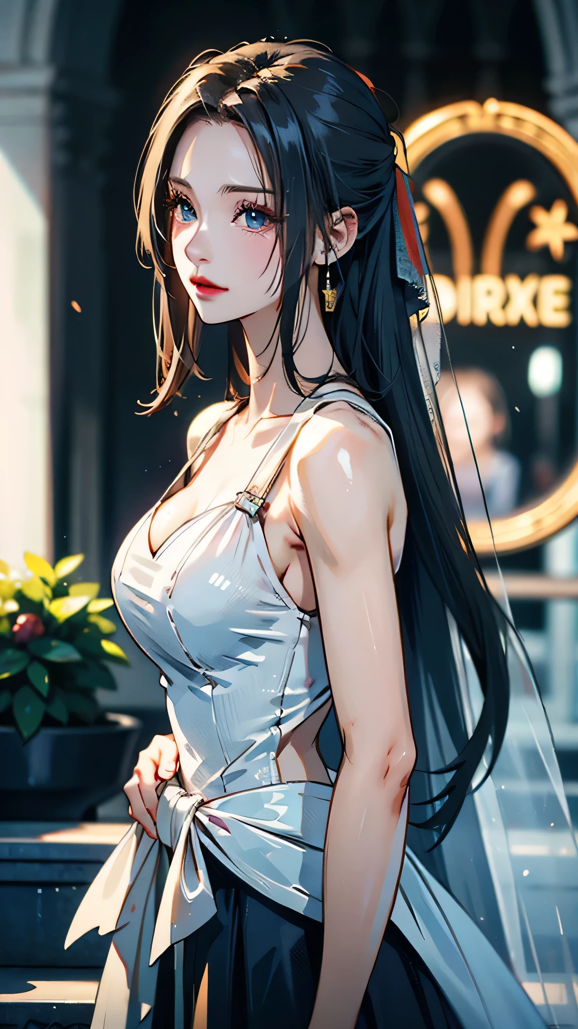 (best qualit,8K,A Masterpiece),(A pretty maiden,with long black hair,Long messy hair,curly hair,large eye:1.3,Long eyelashes,Delicate makeup:1.exy lips,Blushlush),(Exquisite watches,Silver-reflecting heart-shaped necklace,Bulgari's earrings,Bulgari's ring),(Take a walk in the streets,Capture,Street photography),(Fashionable outfits,dressed in a white t shirt,nike),(Middle bredure),(Black oily transparent pantyhoseack hip skirt),Light ripe,Royal sister,Optimal light,best shadow,Cinematic Lights,28 years old,1girle,Need,(realskin,Supple skin)raytracing,Unreal Engine 5,Reflective skin,Digital illustration,Game CG characters,Supermodel,(kpop,idol),(Body edge lighting,Colored light sources are around),There is wind blowing hair,Looking into the distance,