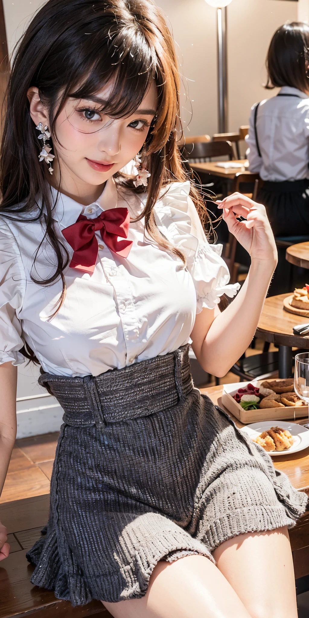 (8K, RAW Photos, Highest quality, masterpiece: 1.2), (Realistic, photo-Realistic: 1.37), Super detailed, 1 Girl, cute, alone, Beautifully detailed skies, Detailed Coffee, night, Sitting, (My nose turned red), (smile: 1.1), (Mouth closed), Medium chest, Beautiful attention to detail, (Collared shirt: 1.1), bow tie, Pleated skirt, (short hair: 1.2), Long Hair, Eat a big ice cream,