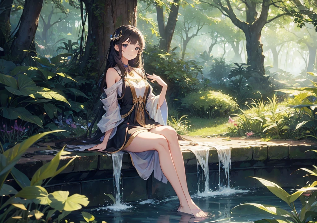 ，masterpiece, best quality，8k, ultra highres，The heroine comes to a peaceful lake，She sits on a rock by the lake，Watch the water ripple，Thoughts wander。She raised her hand，Gently paddle across the lake，Ripples form，It seems to be trying to find the inner waves。The lake is deep and tranquil，It was in stark contrast to the contradictions and pains in her heart。
