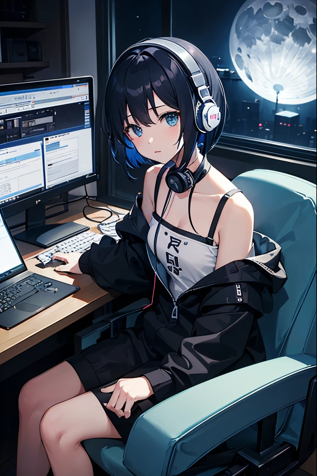 Anime girl sitting at a desk with headphones on and a laptop - SeaArt AI
