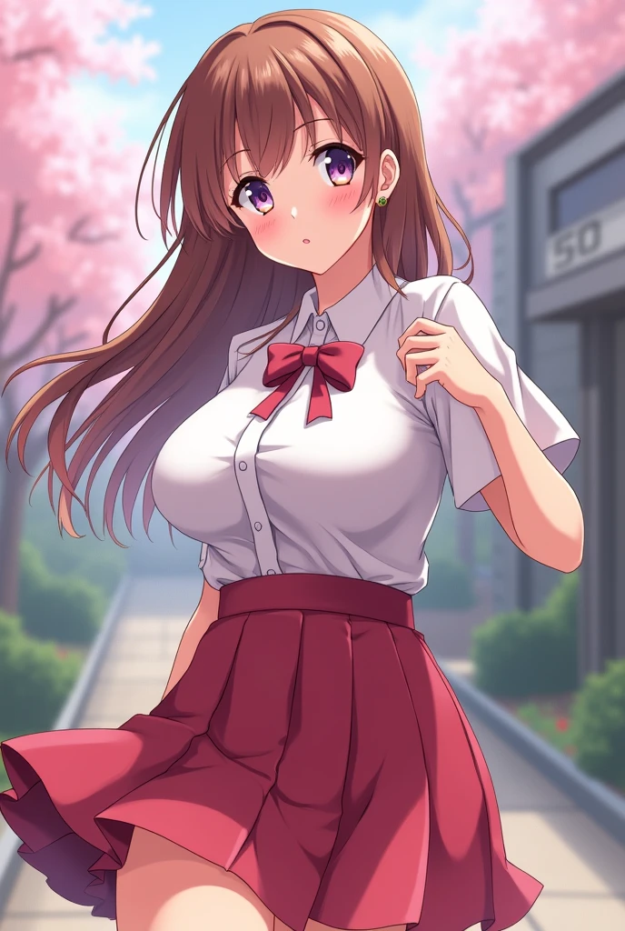 blonde hair, large breasts,
, collared shirt, white shirt, pleated skirt, red bow,, (best quality:1.3),1girl,(((gyaru))),grin,looking viewer,outdoor,thighhighs,nsfw
