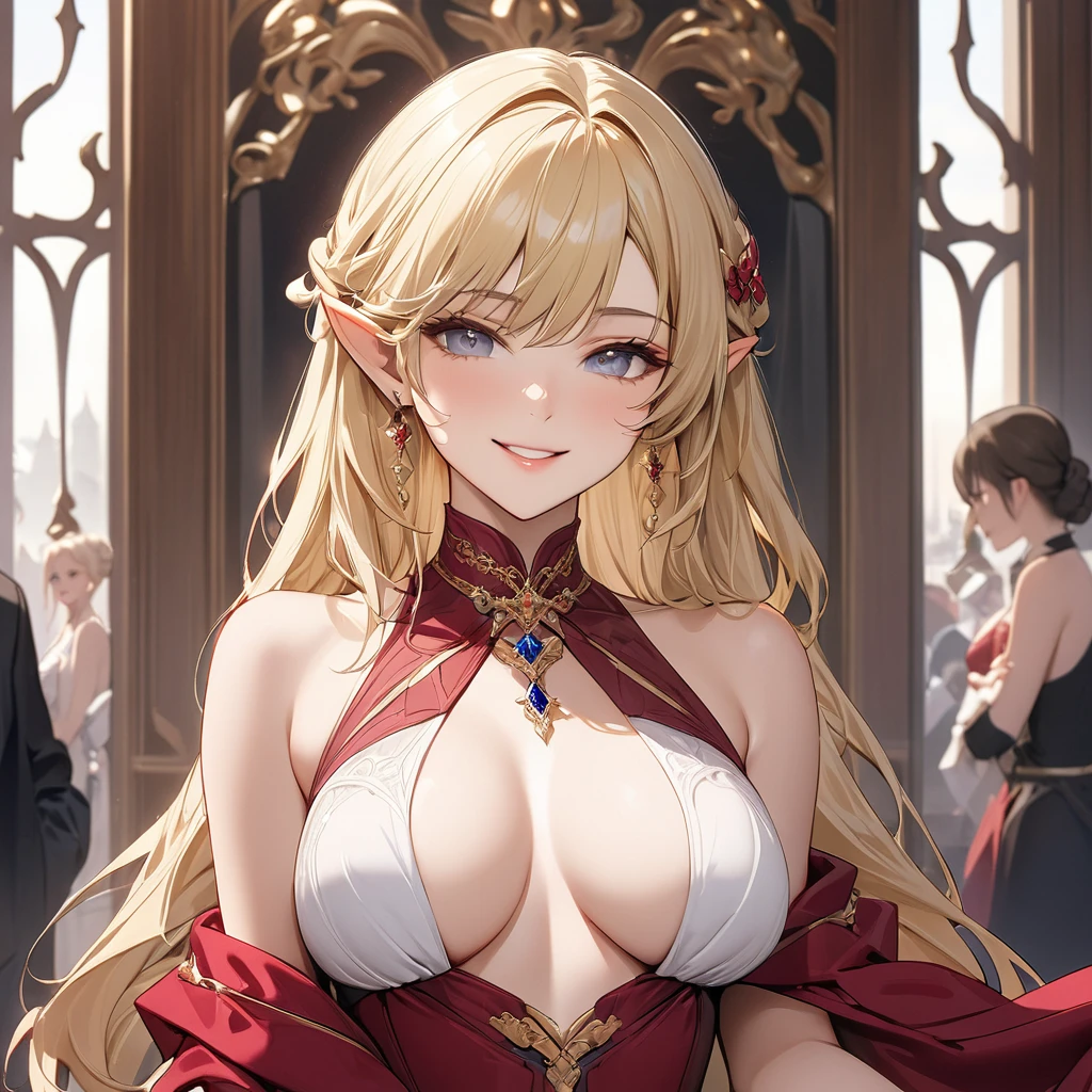 ((Best Quality)), ((masterpiece)), (detailed), （Perfect Face）、The woman is Seras Ashlain, a high elf with medium-long blonde hair who is the mistress of a wealthy man and wears luxurious jewelry and an engagement ring.、The woman smiles sweetly and shows off her beautiful body