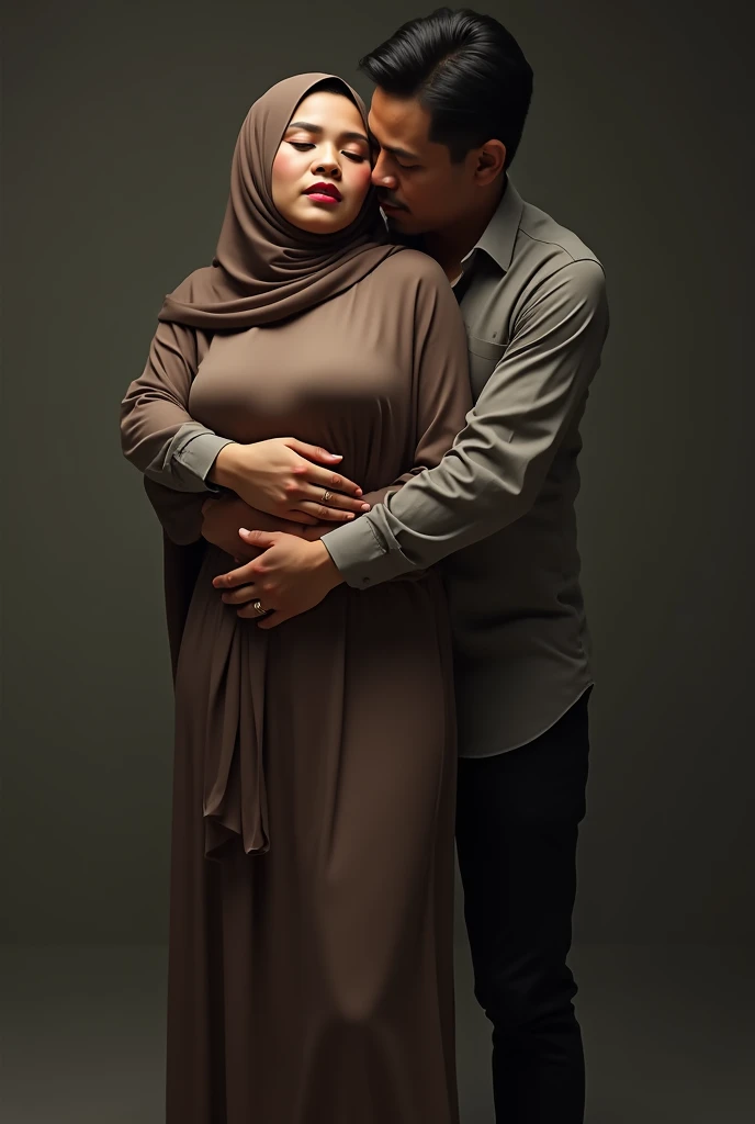 beautiful Indonesian hijab woman with open chest buttoned shirt, visible bra, is massaging the penis of a 14 year old boy