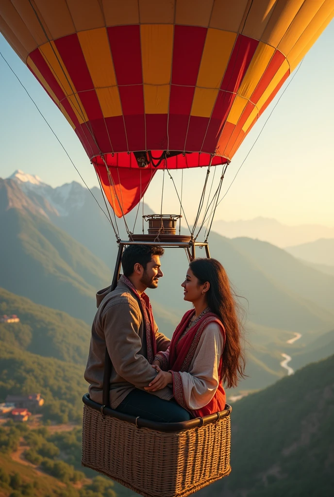 romantic Indonesian couple; man with short black hair; woman with long straight black hair, sitting in a basket with a hot air balloon, colorful hot air ballon, hanging from a hot air balloon, as an air balloon, flying towards the camera, stunning surrealist sky, depictation landscape, they are smilling, happy, romantic pose, taken on go pro hero8, flying in the air, hot air balloons, up, facing the camera, photorealistic, 1536px, high quality.