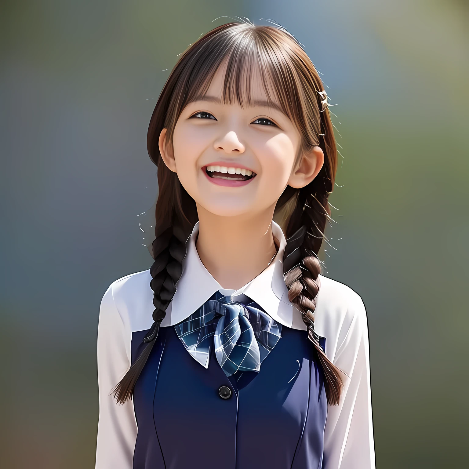 (Highest quality, masterpiece:1.2), Highest quality, High resolution, 1080P, 8k, (A noble, graceful and intelligent kawaii **** Japanese pure-clear-white-skin a-pair-of-braid girl is smiling at me with extreme beatitude, expressing her happiness to me with her kawaii supreme, promoting KANKO school uniform: 1.5), (background is complete black: 1.0), (double-eyelids, completely balanced, brown wet large eyes with detailed beautifully: 1.6), (Drives me crazy for her navy-colored neat tartan checkered blue skirts and make me fall into her navy-colored tartan checkered skirt: 1.8), (Fine white skin that looks like she has never been out of home: 1.6), (Navy colored school blazer, Navy blue pleated school tartan checkered skirt, KANKO school uniform: 1.5), (Plain blue school ribbon on the breast), (Light-Sky-blue background), (Girl whom everyone loves because of her beauty and lovely fashion and noble manner and magic-charm of succubus: 1.0), (Never stop laughing)