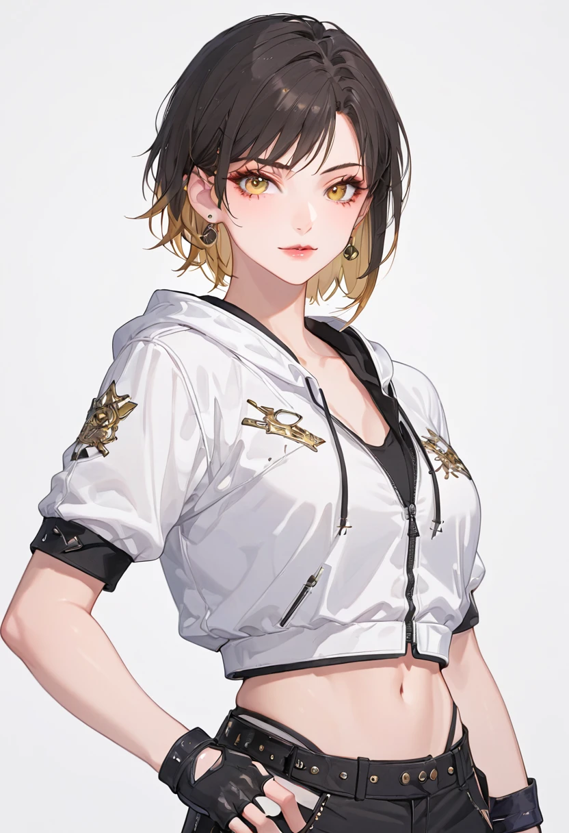 (detailed face, incredibly absurdres, smooth, 8k wallapaper, top crop masterpiece, white background, upper body, looking at viewer, hyper extreme detailed:1.2), 1girl, solo, teenager, yellow eyes, golden eyes, fingerless gloves, white casual clothes, modern clothes, white shirt, short sleeves, open zip hoodie, exusiai, short hair, punk, smirk, cocky:1.22, sexy pose,reina, Tekken