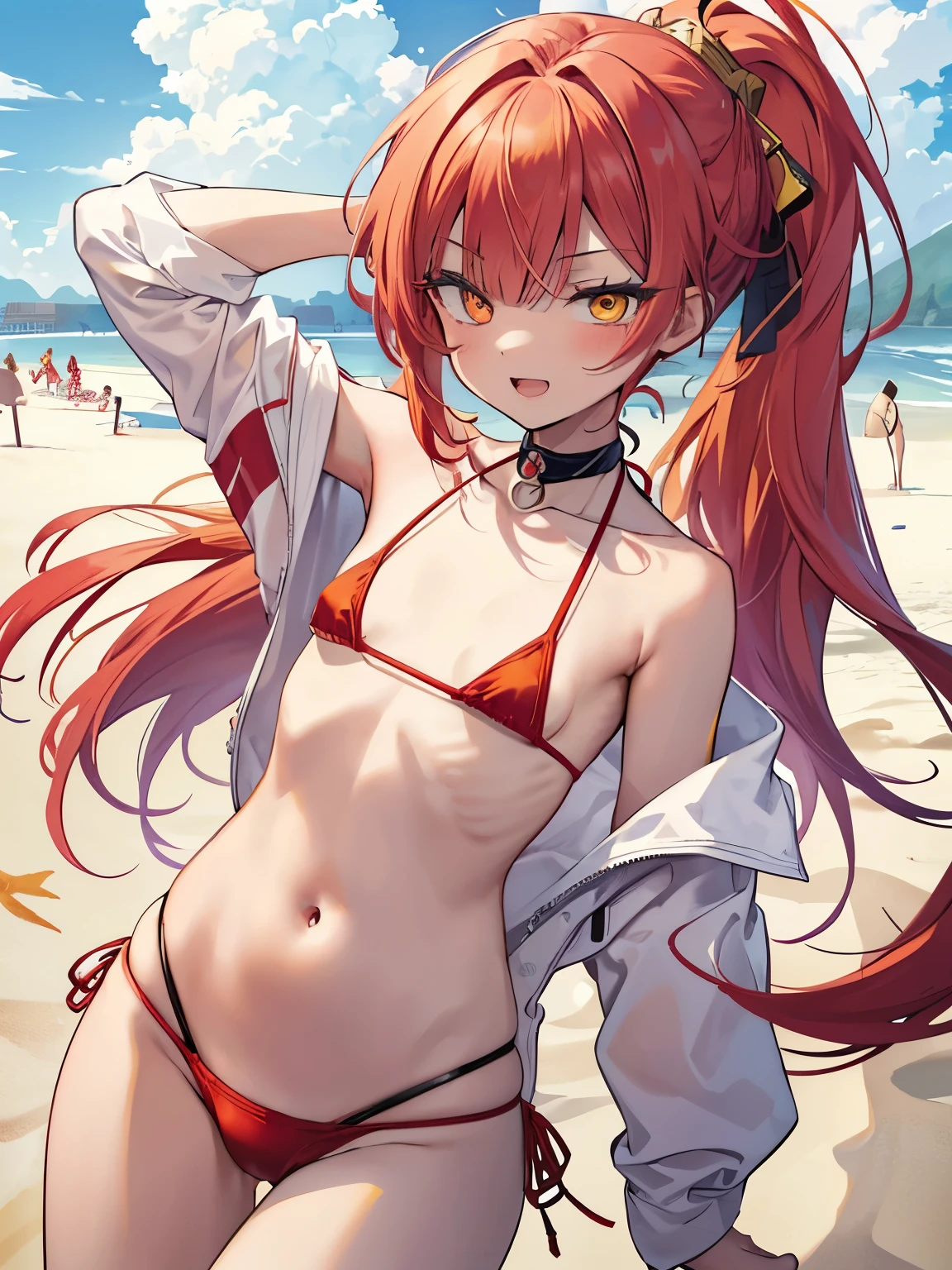 (Masterpiece), Detailed Anime Style, Anime Paint, Digital Drawing, Anime Face, High Quality, High Detail, Ultra High Resolution, Sharpness, Sharp Outline, Perfect Anatomy, Kawaii Anime Girl, Red Hair, heterrochromia, (Red Right Eye:1.5), (Yellow Left Eye:1.5), Suspension eyes, hair up on left side, hair over one eye, braided fringe only on left side, asymmetrical bangs, long hair to waist, straight hair, hair up on one side, slender, (flat chest:1.4), short stature, blush, (red micro bikini:1.4), (beach:1.6), smile, Open mouth, election of nipples, pot belly,