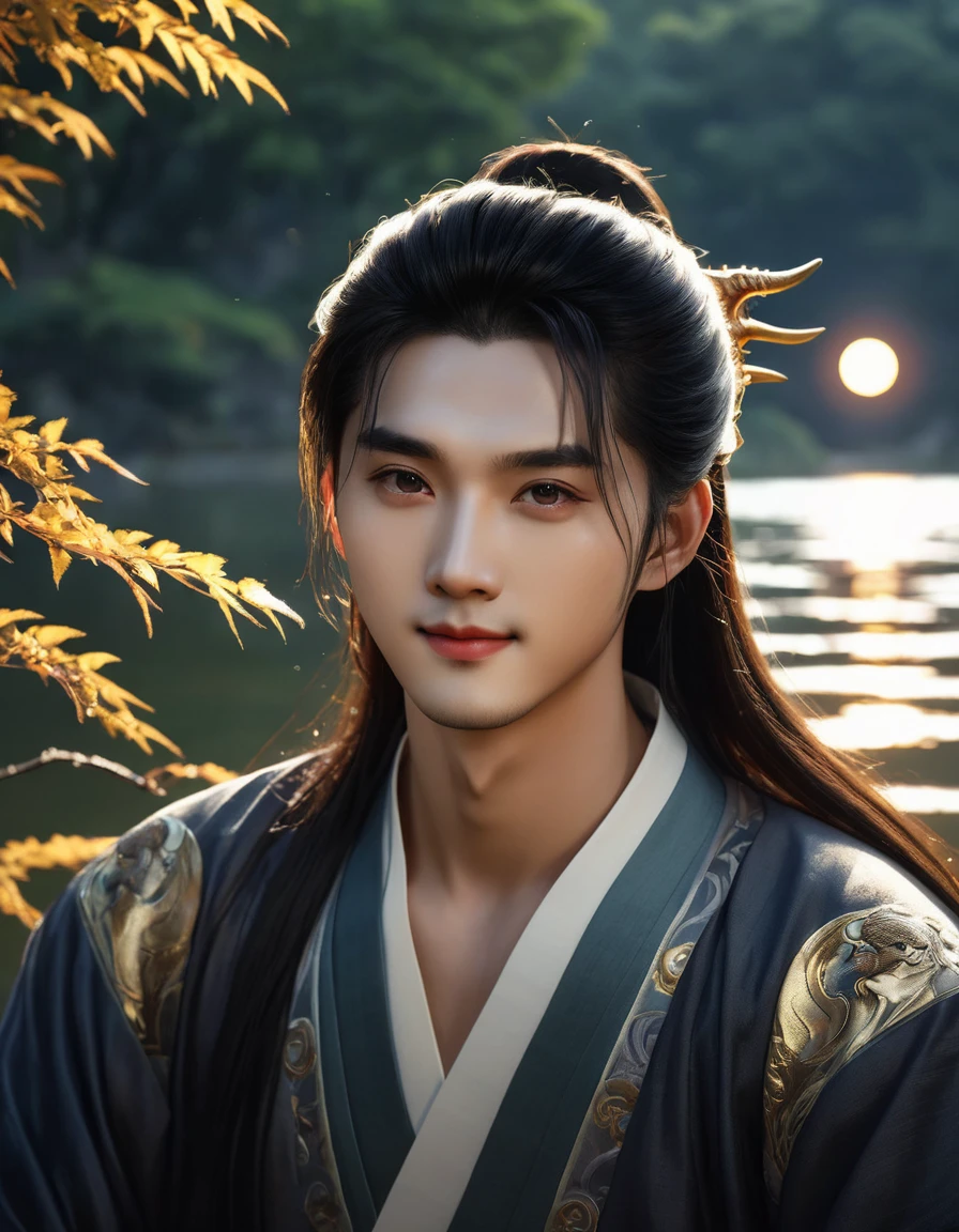 Masterpiece, best quality, outdoor, night, full moon, lakeside, branches, 1 man, mature man, Chinese style, ancient China, black hair, black eyes, forked hair, long hair, long bangs, handsome, handsome, masculine, gentle, tall, calm, black and gold mixed clothing, gold pattern, dragon pattern, prince, face lighting, bright backlight, high resolution, best quality, Photos, 4k, (Realistic:1.2),1girl, smile, beautiful girl, (best quality,4k,8k,highres,masterpiece:1.2), ultra-detailed, studio lighting, ultra-fine painting, sharp focus, physically-based rendering, extreme detail description, professional, vivid colors, fantasy, black eyes, More Reasonable Details, ulzzang, ImgFixerPre0.3