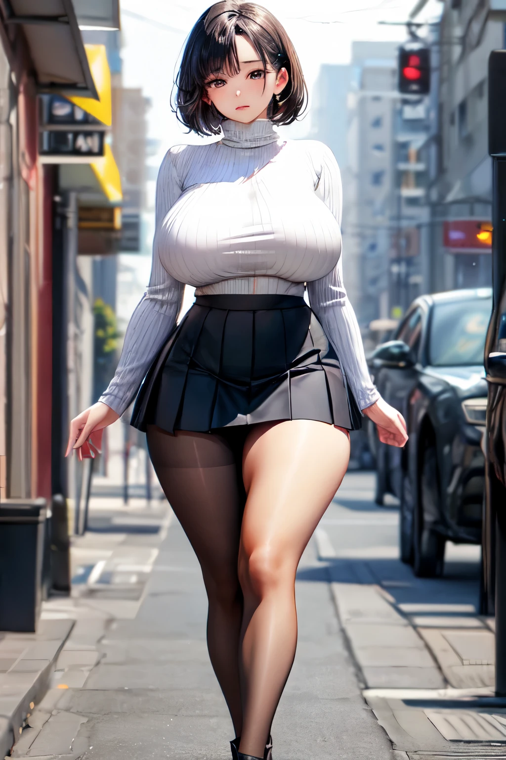 sole_female,8K RAW photo, high resolution, (solo view), (kpop idol), (korean beauty), highres, perfect body, ultra-fine face, fine eyes, double eyelids, (symmetrical eyes:1.1), 20 years old, curvy, short hair, black hair, (slim waist), (huge hip, huge pelvis:1.1), (thick thighs and legs), (huge breasts:1.1), (slim arms), (lustrous skin),street, animated, black Turtleneck, Turtleneck, covered navel Turtleneck,pleated_skirt, middle skirt, gray_skirt, pantyhose, black pantyhose, 