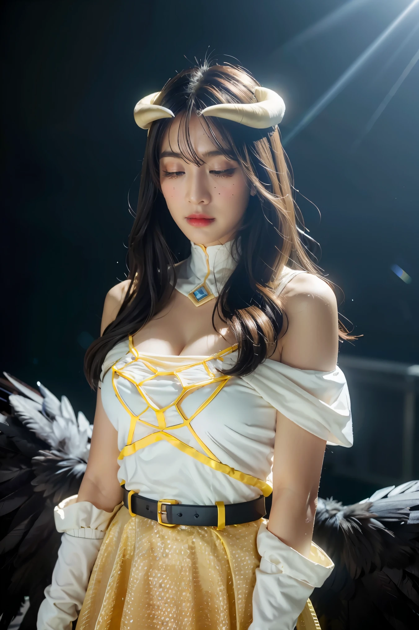 1girl, solo, al1, demon horns, white gloves, white dress, bare shoulders, detached collar, cleavage, slit pupils, feathered wings, low wings, beautiful background, big breast, (black wings:1.2), (feathered wings:1.2), full body, (realistic:1.2), (realism:1.2), (masterpiece:1.2), (best quality), (ultra detailed), (intricate), (85mm), light particles, lighting, (highly detailed:1.2), (gradients), sfw, colorful, (detailed background), (rule of third_composition:1.3), (Line of action:1.2), daylight.