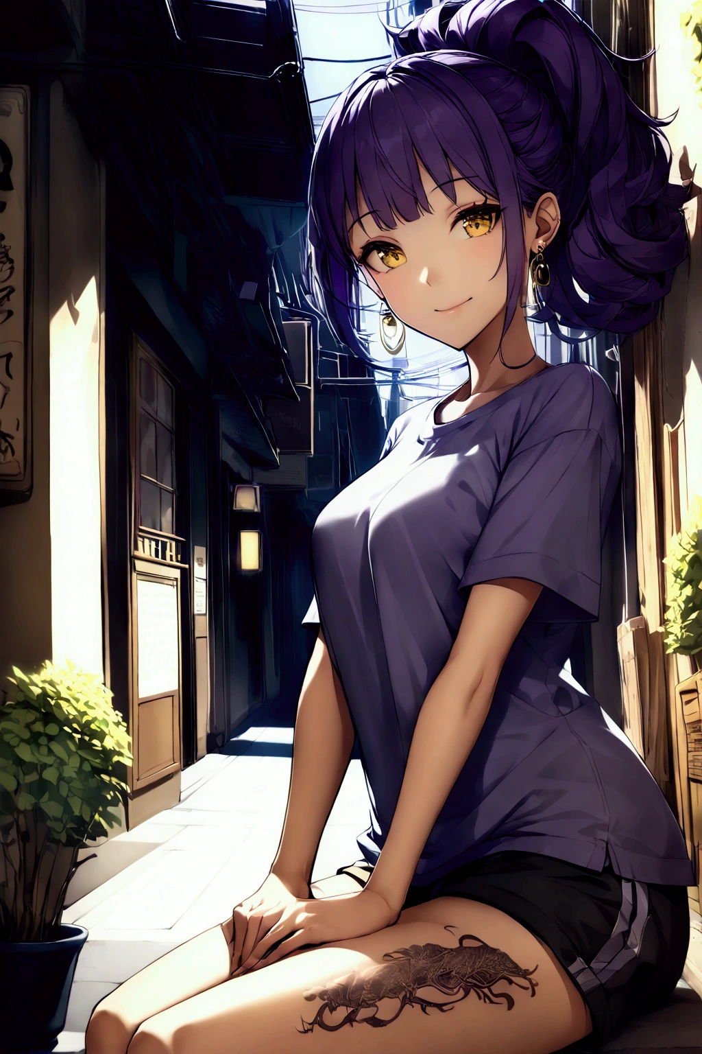 ((8K Resolution)), ((Highest Quality)), (((Masterpiece))), (((Extremely Detailed)) (((Dramatic))), (Anatomically Correct), Object Depth in Now writing, look at the camera, one person, one person, JK, smile, happiness, front, slim frame, beautiful posture, thin fingers, willow-like body, great presence, purple hair (ponytail hair style), gold earrings, Yellow eyes, tattoo, (t-shirt) shorts)、(subject, whole body:1.1), ネオンpunkスタイル、punk、alley、 (cafe, drink coffee)