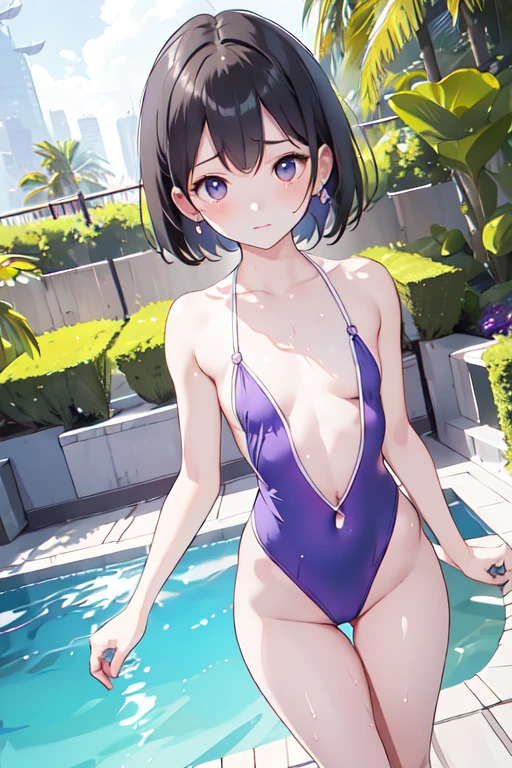 masterpiece, best quality, ultra-detailed,(((ars old) blue eyes, black hair, short hair, blue hair ribbon, blue headband,large boob, ((tight brilliant shiny competition swimsuit:1.2, plunking neckline, plunking navel, cleavage)), ((extremely delicate and beautiful fabric):1.3), looking at viewer, (in heat), blush, slender, slim, (poolside:1.5), very clear,((an extremely delicate and beautiful)), ((((illustration)))), (extremely detailed skin), ((ultra-detailed:1.35)), (detailed nipples:1.2), detailed fingers, absurdres, intricate, (1girl), ((solo)), ((glistening skin)), (((oily skin))), ((wet skin)),(((cute face))),(perfect nipples),(on back with Knees Up, spread legs:1.5),spread legs,(dazzling sunlight:1.5)、(gamecg:1.5)、(poolside:1.5)、