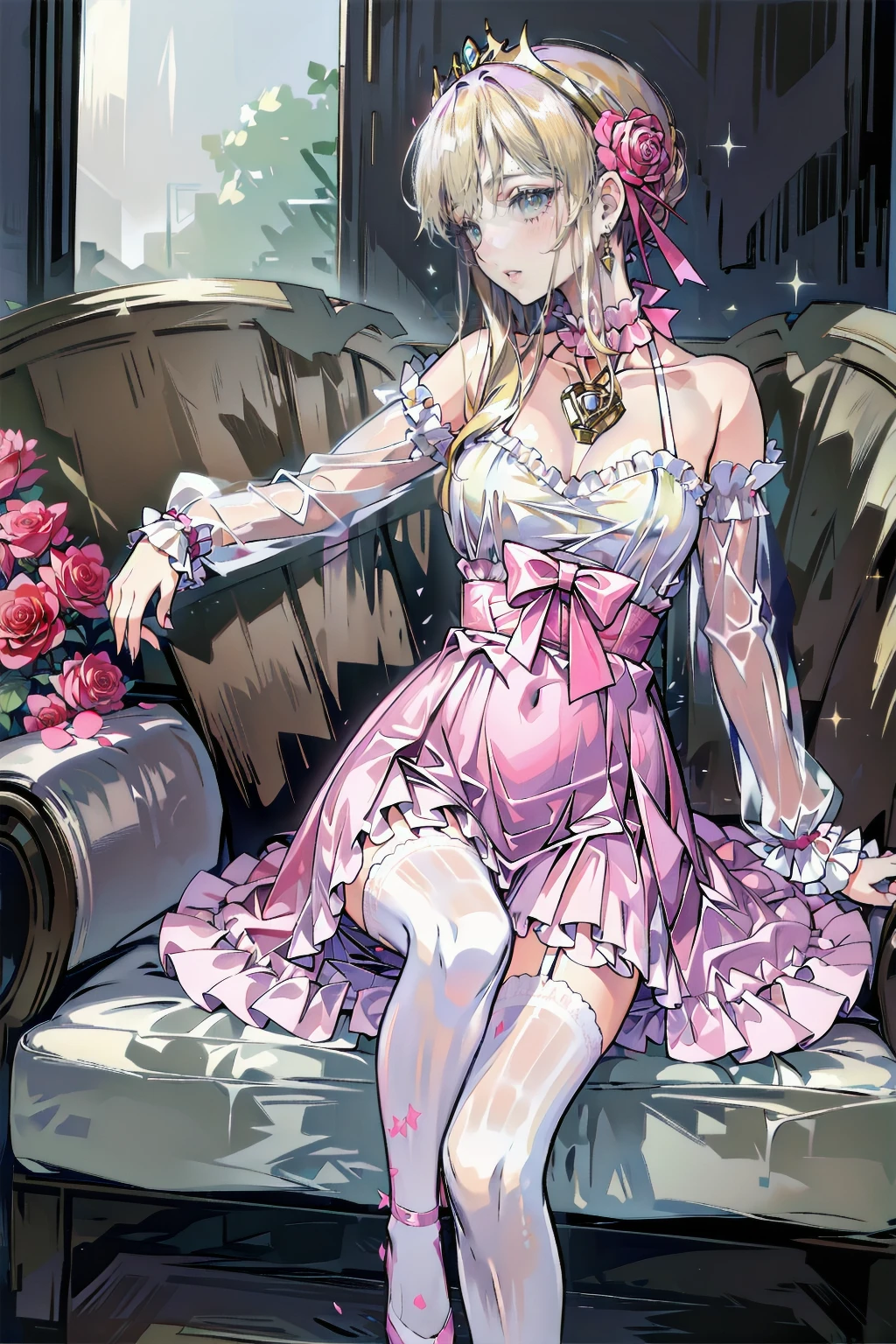 (best quality, 8k, masterpiece:1.2, nsfw ),Cutest,Cute girl,solo,mesugaki,Beautiful face,Beautiful eyes,Beautiful hair, Light pink hair,Lots of colorful flowers,Gothic Lolita in dark tones,Grey and white striped panty lace with ruffles,