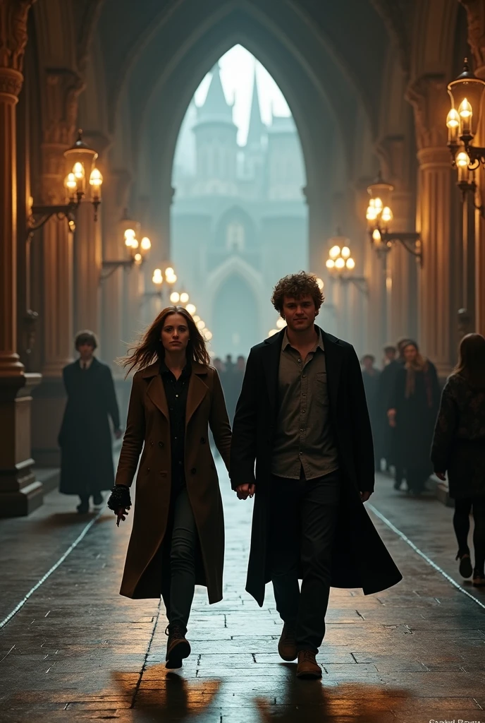 Hermione Granger walking down a hallway with Harry Potter naked