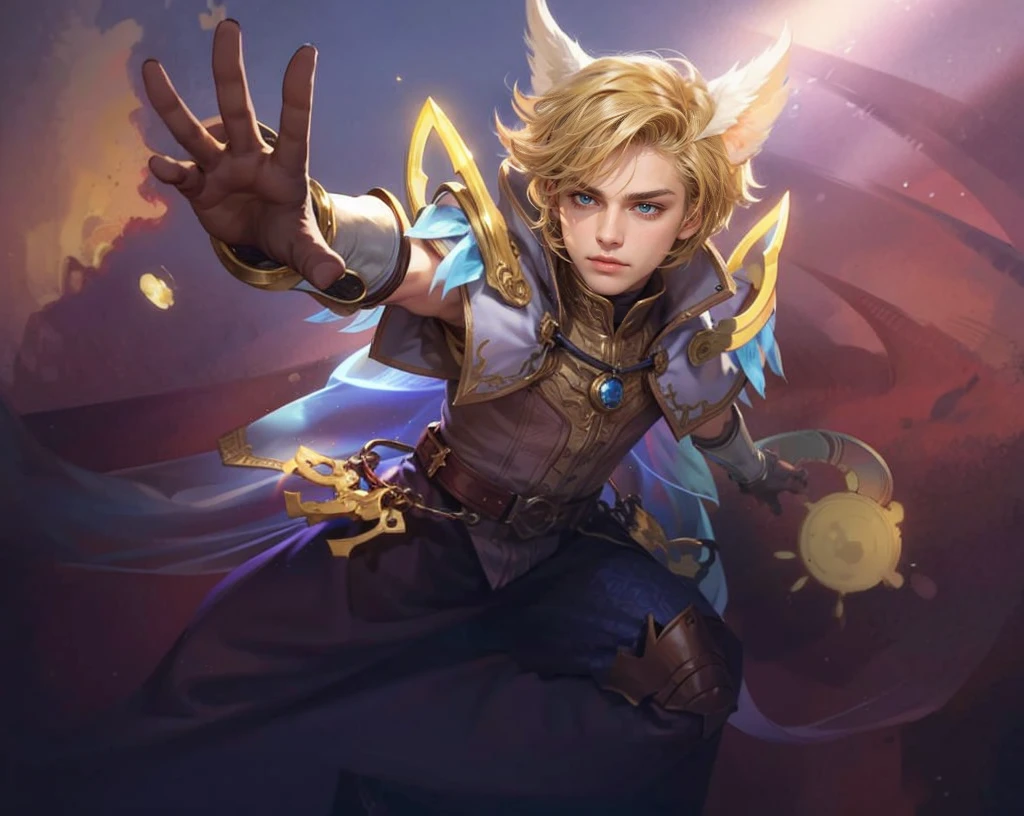 The image features an animated character with blonde hair, wearing a blue and gold armor set, and wielding a sword.