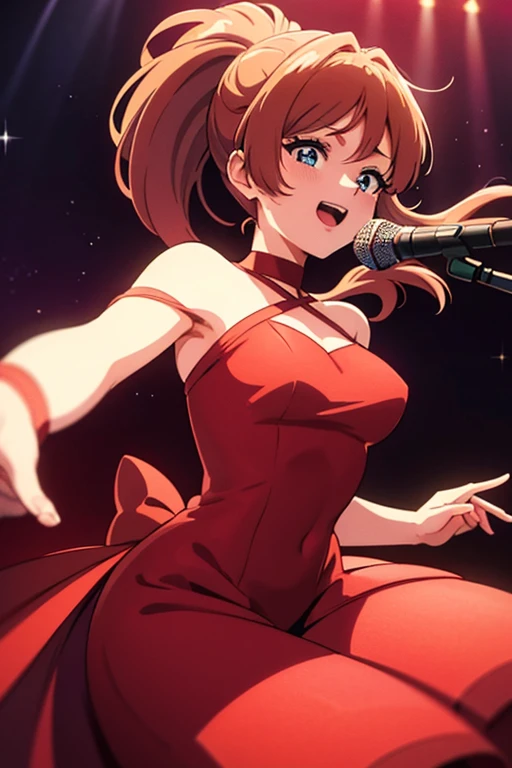 anime、High resolution、Best Quality、masterpiece、One Woman、Chestnut Hair、ponytail、Beautiful Eyes、Short evening dress、Red evening dress、Singing a song、Microphone Stand、On stage、Blue lighting、