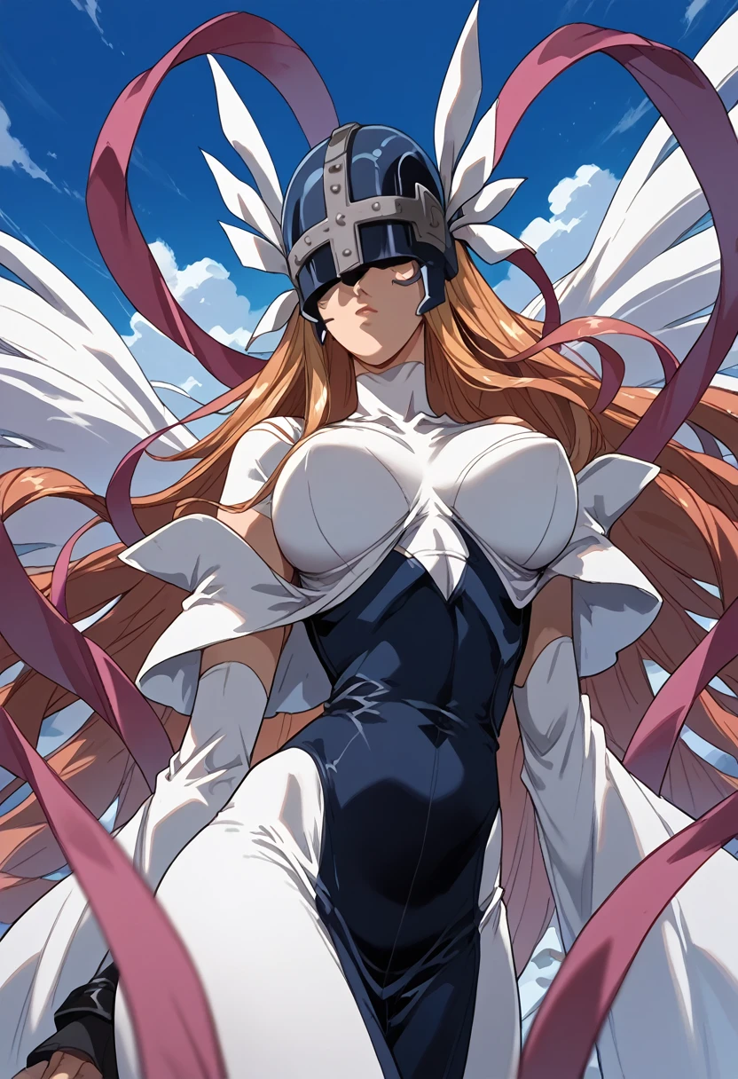 masterpiece,High resolution,Best Quality,8k(Digimon,Angewomon,helmet,Hidden Eyes,Slender,Huge breasts)(School uniform)