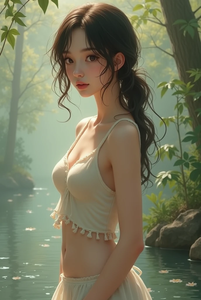 gorgeous 18 year old female with wavy brunette hair detailed alluring eyes d-cup breasts, Thigh gap long sexy legs wearing (tiny black thong), (tiny white tshirt) laughing at seashore, mist, wet, raining, best quality masterpiece, photorealistic, detailed, 8k, HDR, shallow depth of field, high contrast,
