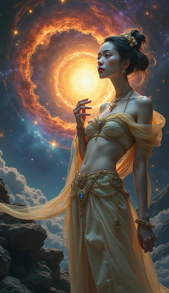 a girl on the beach, Goddess of Dance、Sensual dance on a circular stage、A smile、A magic circle appeared above my head and at my feet.、 hyper detailed painting, luminism, 4K resolution, fractal isometrics details bioluminescence , Intricately detailed , Cinematic,Isometric-centric surreal , Cinematic, Abstract beauty, Approaching perfection, Pure form, Golden ratio, minimalistic, Concept art, Intricate details, High resolution, hyperdetails, Highly detailed