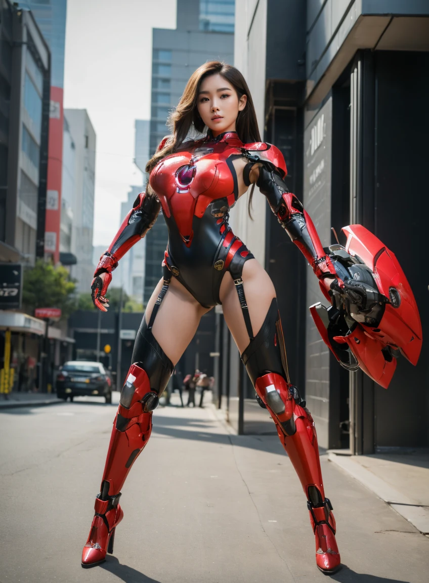 หญิงสาวเกาหลีที่beautifulงาม, Black and red iron man suit,((Lightweight, comfortable, stretchy bodysuit)), pilot suit, Black inner suit, Textured skin, Superb details, High Detail, High quality, Best quality, High resolution, 1080P, hard disk, beautiful,(Cyborg),(Breast missile),(Machine guns from both hands),ผู้หญิงCyborgแสนbeautiful,เมชาCyborgเกิร์ล,Battle Mode,A girl with a machine body,She is wearing a battle robot costume with weapons.,Full body shot