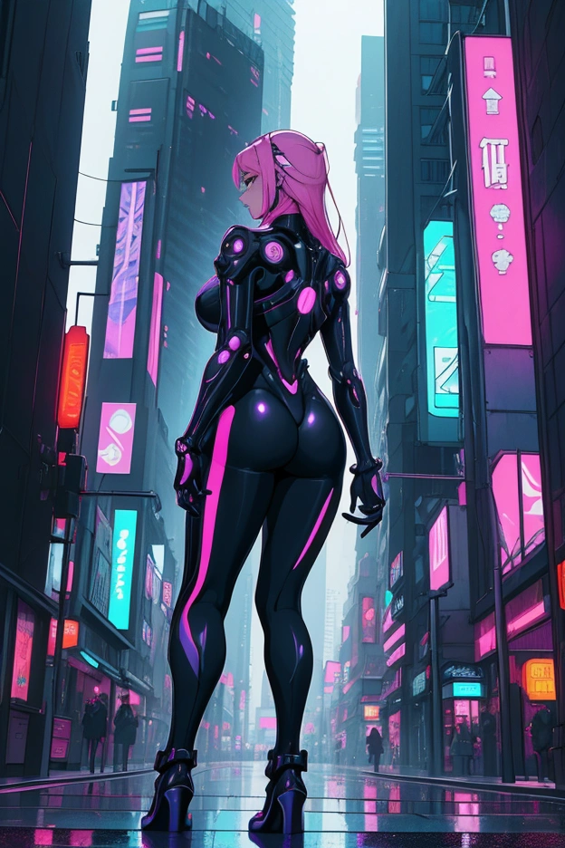 A confident, modern woman in a stylish gaban walking through a bustling, futuristic city at dusk, illuminated by towering skyscrapers and neon signs. The scene captures her from a long distance, showing her walking away with the city alive around her. Stars in the night sky. Materials like glass, sleek metal, and reflective surfaces create a high-tech urban feel. The style is cyberpunk, detailed, and realistic, influenced by the aesthetic of Syd Mead. The woman's outfit features futuristic textiles with metallic accents, emphasizing her confidence. Extra details include pedestrians in the background, light reflections on the wet pavement, and intricate architecture. The lighting is composed of neon blues, purples, and pinks with dramatic shadows, showcasing the interplay of artificial light sources. The color palette consists of vivid neon hues contrasted with darker shadows, emphasizing the city's vibrant energy. back view, anime style