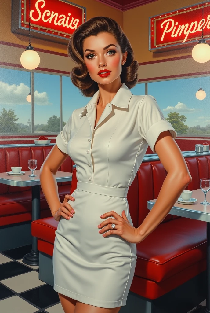 Uma imagem de uma impressionante garota pin-up dos tempos de guerra, Dressed in a retro-inspired outfit, posing gracefully in a nostalgic 1940s bar. Black and white image adds a vintage touch to the scene, capturing the essence of iconic pin-up art and vintage aesthetics of the time.