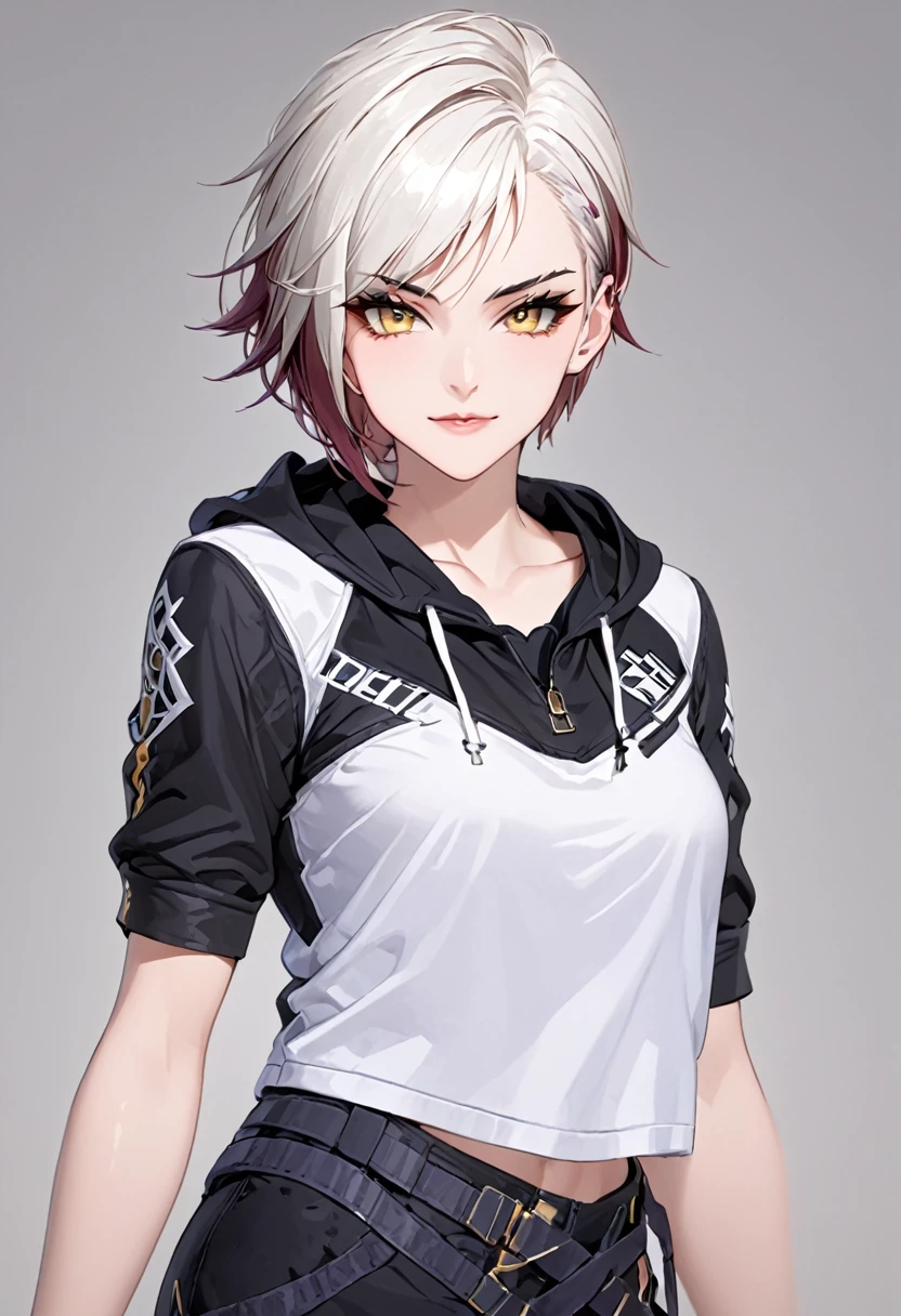 (detailed face, incredibly absurdres, smooth, 8k wallapaper, top crop masterpiece, white background, upper body, looking at viewer, hyper extreme detailed:1.2), 1girl, solo, teenager, yellow eyes, golden eyes, fingerless gloves, white casual clothes, modern clothes, white shirt, short sleeves, open zip hoodie, exusiai, short hair, punk, smirk, cocky:1.22, sexy pose,reina, Tekken