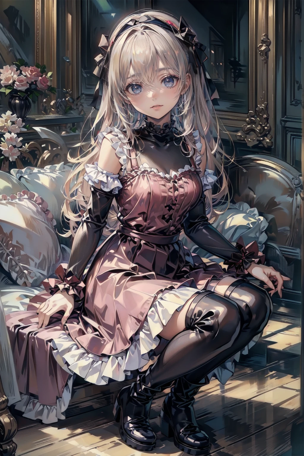 Anime Style、Storytelling、、beautiful girl、とてもcute天使、Pink Gothic Dress、cute、、smile、Long skirt、Black boots、Very cute headband
