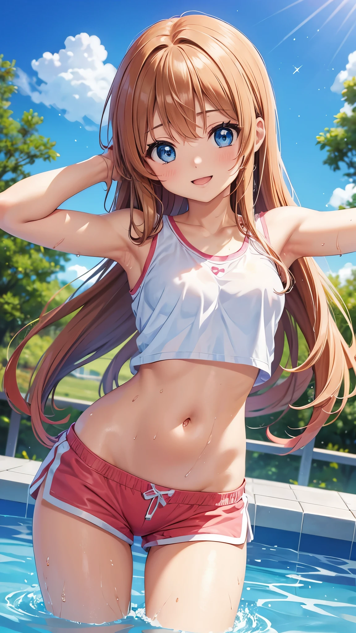 A beautiful anime girl, very beautiful face, happy face, happy smile , long hair light brown hair, wet hair, blue eyes, happy face, Sakura Kinomoto, very detailed eyes, dentro de pool, view from above, beautiful body, small breasts, thin thighs, look at the viewer, shorts, short sports shirt, shows the navel, water gun, beautiful female body, body 1:3 , pool, people in the background, Maximum quality, Perfect anatomy, masterpiece, HD, well detailed