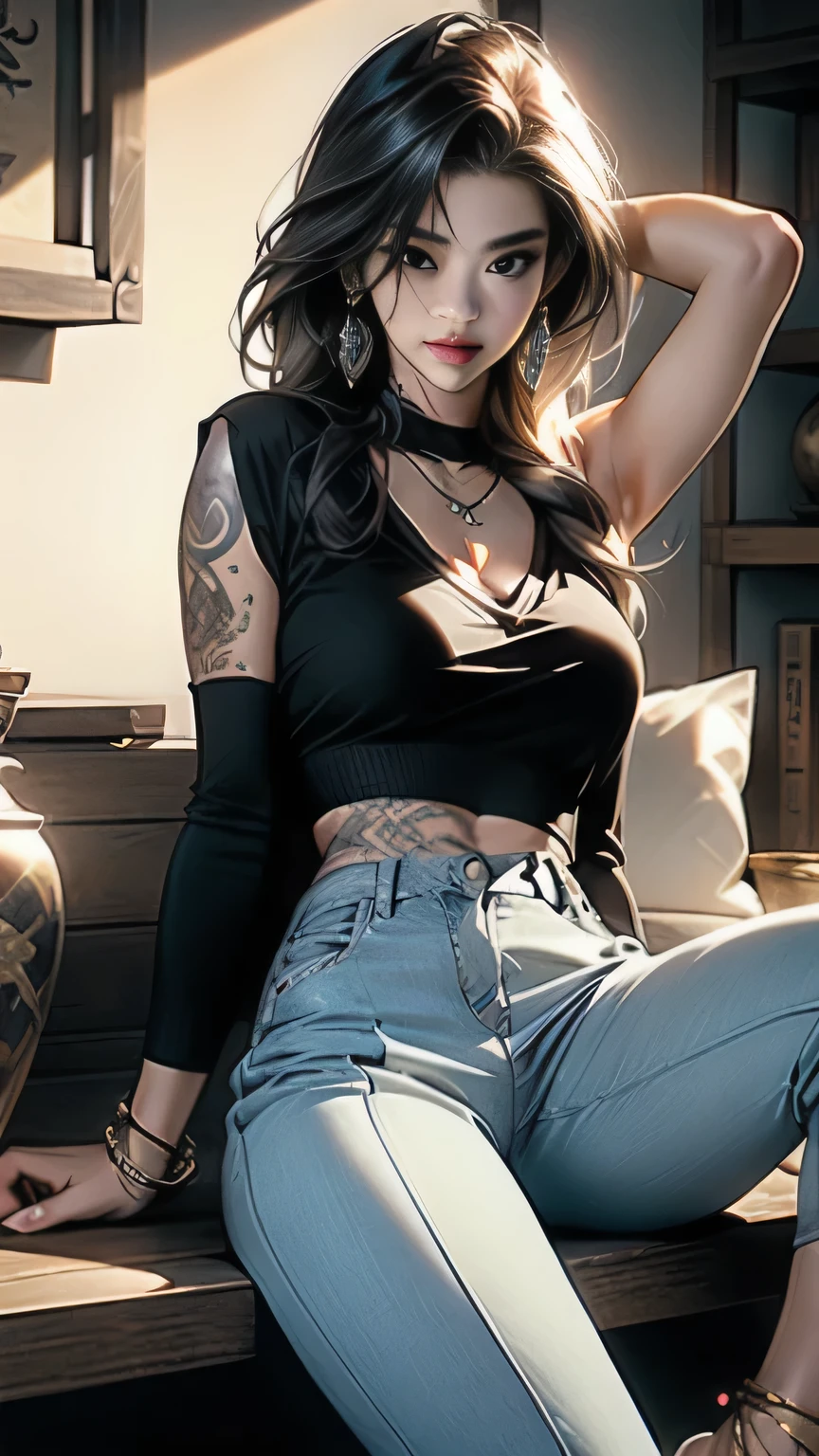 Urban lindo girl, obra de arte, maquiagem leve, Red lips, cabelo prateado, long messy hair, fundo preto, linda, elegante. Detalhes super finos, Obras Mestres, textura real, cinematic lighting realism, trabalho perfeito, 8K, High definition, Exquisite facial features, top branco com decote justo no corpo, top marcando corpo, Shorts justos transparentes, Meias pretas, Figura esbelta, Pear-shaped body, quadris redondos, cintura fina de homem pequeno, peito sexy, Linha de colete, clavicle, olhos grandes e brilhantes, pele macia, brincos, tatuagens, pernas longas e delgadas