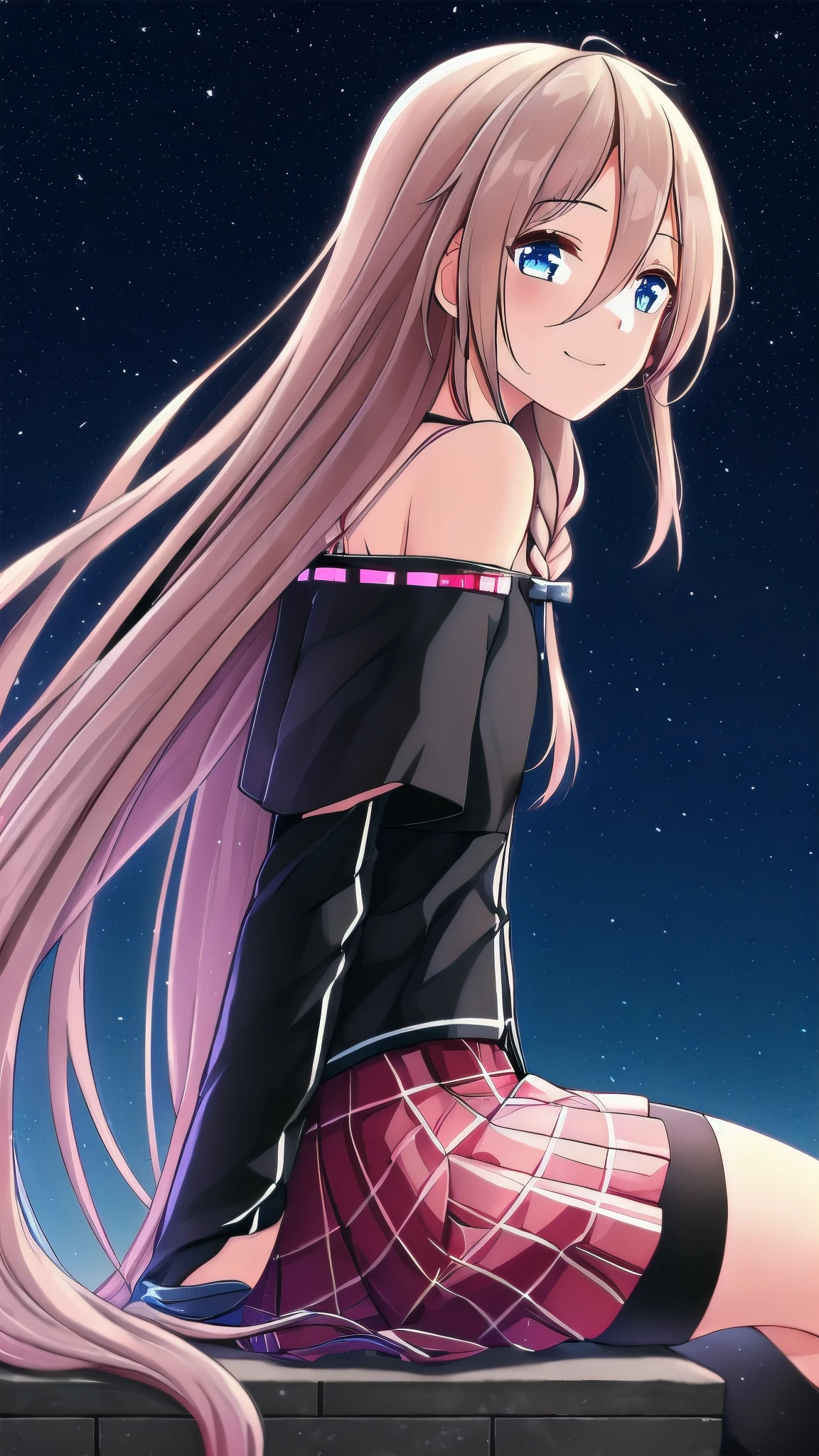 masterpiece, best quality, 8K, perfect anatomy, one girl, IA, VOCALOID, beautiful girl, off shoulder, close to girl, cowboy shot, red and white plaid skirt, model-like style, black stocking, night sky, starry sky, mysterious girl, girl focus, smile at me, chorus, naive, sitting, from side