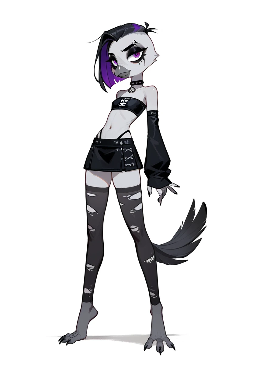 Score_9, score_8_up, score_7_up, flat colors,  an Anthro avian crow goth-girl, female, small grey beak, skinny and slender, small crow tail, grey body, standing, white background, purple eyes, short black emo hair, hands with five fingers, wearing skimpy goth tubetop, detached sleeves, ripped nylon stockings, choker, skimpy black mini-skirt, full body shot, goth makeup, sexy bird feet with three toes, looking at phone