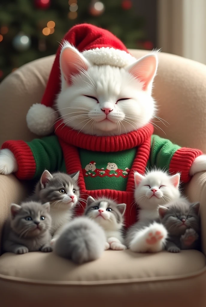 Persian cat with gray fur, lying in a cardboard box with her pups, cute appearance, serena, happy and very cuddly.