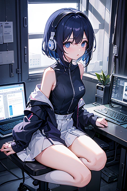 masterwork、make、top-quality、Ultra-detail、very detailed illustration、ighly detailed、intricate-detail、hight resolution、super complex details、Highly detailed 8k CG wallpapers、holiday、street、street、headphones、(FEMALES、Black and blue hair、short-hair、brown-eyed、)、from side、solo、incredibly absurdness、parka、headphones、street、plein air、Sateen、neons、