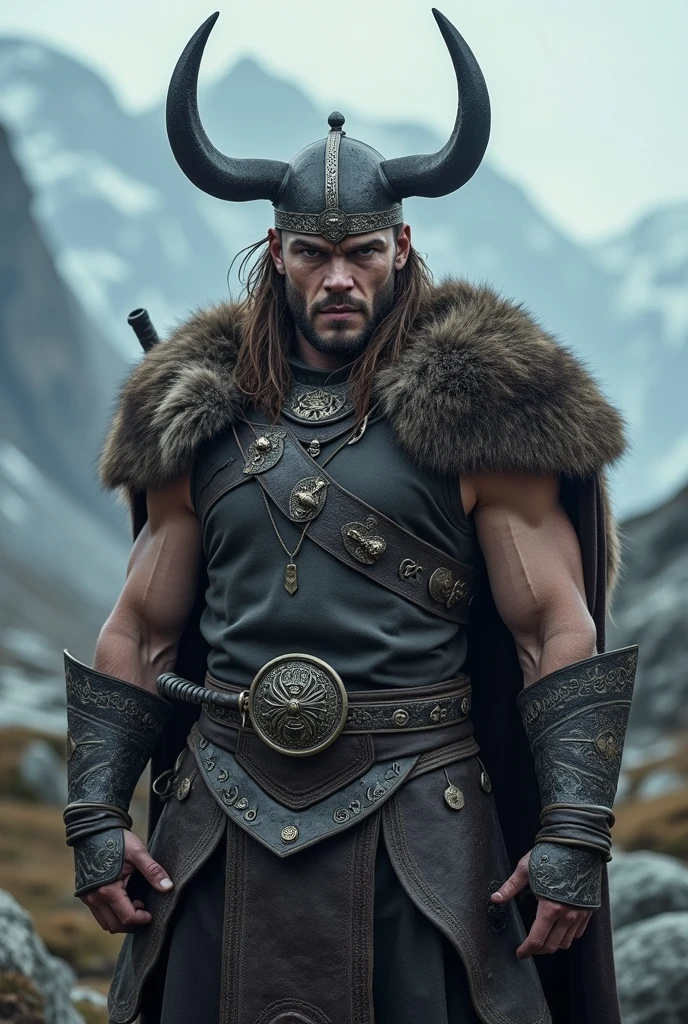 fking_scifi_v2, portrait of a young very handsome viking warrior, tattooed, hairy body, using a viking helmet standing in front of a smoky forest, close up, victory pose and attitude.