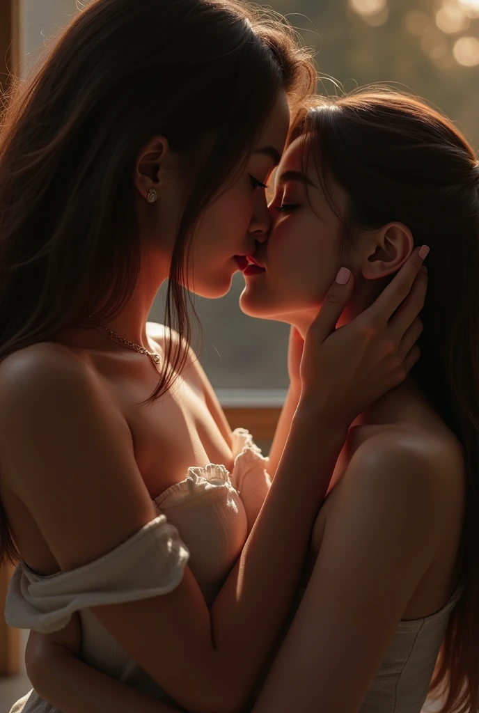 a close up of a woman kissing a woman in a room, netflix, kissing together cutely, kissing, kissing, romantic!!!, high quality film still, kissing together, the kiss, ❤🔥🍄🌪, beautiful, they are in love, hot, kiss, romance, movie, instagram photo, beautiful gorgeous