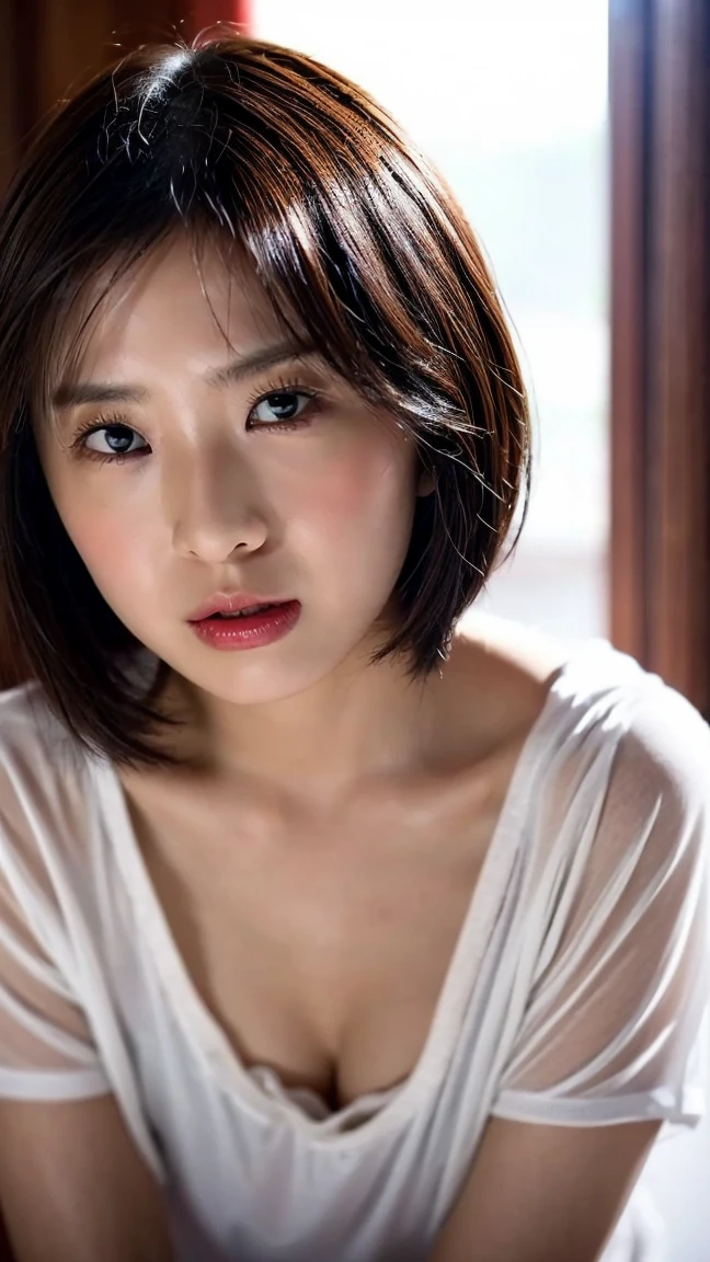 (RAW Photos),, (masterpiece), (Highest quality), High resolution, 8k, (Volumetric light), woman, Age 35, short hair, Straight hair , Layered Hair, Brown Hair, Very beautiful eyes, Very thin eyebrows, Very fine skin, Very beautiful mouth, Very nice nose, Cute like an idol,(Thick lips), (Looking at the audience),,((Nipples)),((naked)),((whole body)),(Wet),(())