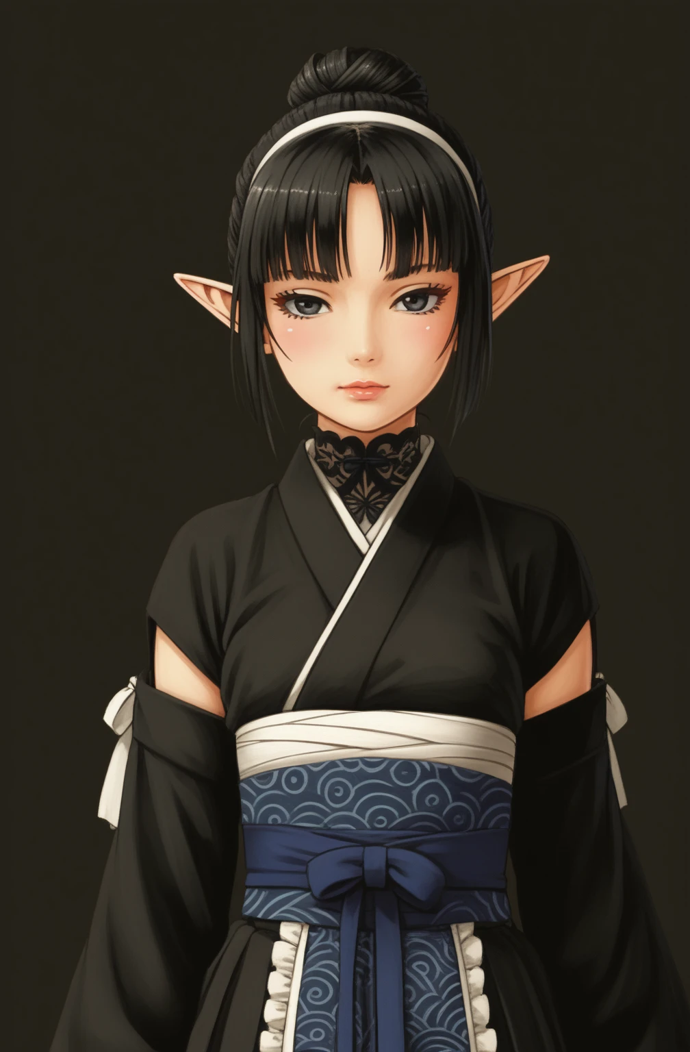 Full body shot of an anime character wearing short black and white hakamas, two ribbons {one at each side of her hairband}, white obi with black and white seigaiha pattern, girl with elf ears, a beautiful young girl with long black hair tied up in one single bun centered on top of her head, asymmetrical chopped bangs sideswept to the right, white hairband with ribbons on both sides of her head, a lock of hair falling in front of the right side of her face. Full shot of an anime character wearing short black and white hakamas, two ribbons {one at each side of her hairband}, white obi with black and white seigaiha pattern, create a digital illustration of full body of a female character with almond-shaped black eyes, elf ears, and round dots instead of eyebrows. For the hairstyle, she should have black hair styled into a single bun at the back of her head, complemented by asymmetrically chopped bangs that transition into a long lock on one side. Her outfit should match short hakama with detached sleeves and frills under the shorts and the sleeves, in a gothic style, featuring intricate white lace patterns, detailed cutouts, and a white obi with a black seigaiha black pattern. The upper part of the outfit should be a kimono blouse with detached sleeves. The outfit should include layered skirts and ribbon details to emphasize a similar aesthetic. Add a muted background that complements her striking attire and hairstyle. Artwork in the style of guweiz, digital art inspired by the style of Ilya Kuvshinov, 8k, high resolution, HDR, vivid colors, dramatic light detailed anime art, 8k, high resolution, dramatic lighting, artwork in the style of guweiz, detailed portrait of anime girl, beautiful anime full body shot, anime realism style, anime style full body shot, anime style, realistic anime art style, digital art ilya kuvshinov, realistic anime artstyle, ilya kuvshinov. Full body shot anime girl, girl wearing black hakama with detached sleeves.
