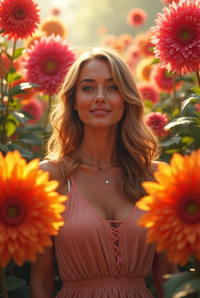 solo, photorealistic, wide shot, best quality, hyper detailed, 25 years old Circasssian woman, mature-looking face, boobies, high detailed deep wrinkles, beauty mark, intricate, (((messy bun blonde))), Circassian facial features, (((she is seductively inside the green house, sunlight filtered through a canopy of lush leaves, casting a dappled pattern on the rows of potted flowers. The air was thick with the earthy scent of soil and the sweet fragrance of blooms in full bloom. Amidst this botanical symphony she stood, her hands gently cradling a delicate orchid. Her expression was one of serene contemplation as she examined the intricate patterns of its petals. The greenhouse enveloped her in a vibrant tapestry of colors: from the fiery reds of geraniums to the soft purples of lavender, and the vibrant yellows of daffodils.))), (((dynamic pose))), she is looking at the camera smiling, (((dynamic pose)))