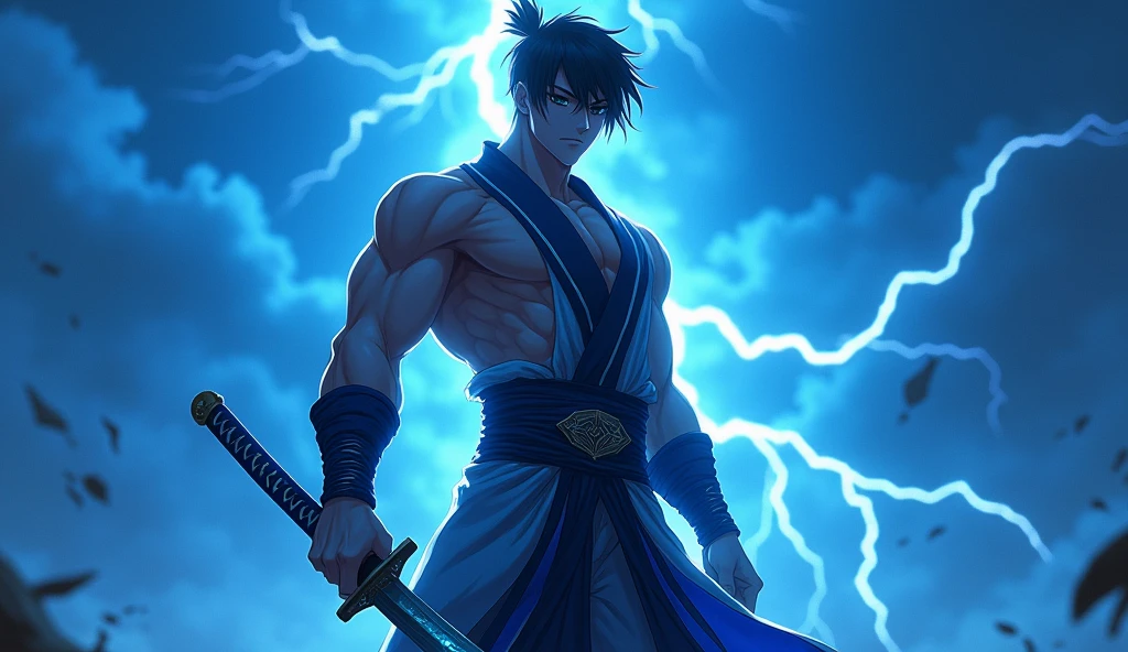 Man with martial arts stance using 10 rings on his hand,Blue hair, old fashioned blue pants with no shirt, badass expression, epic kung fu pose, fire Blue and rings background.HD lighting and dark )<=(epic image quality)red atmosphere with bright particle light(many effects in background)