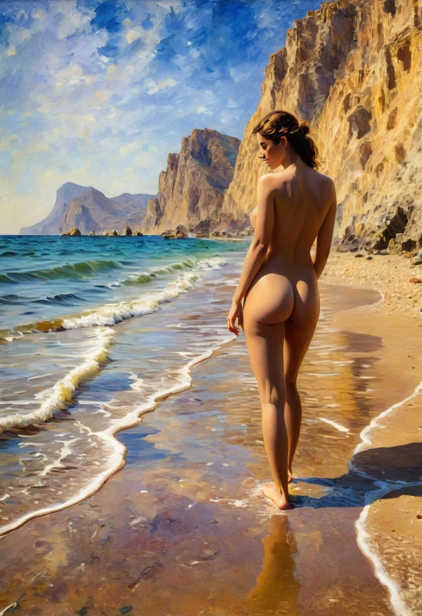 on the beach, nude, very beautiful girl, best quality, masterpiece, ultra high resolution, (photorealistic:1.4), raw photo, 1 girl, perfect body measurements, perfect body, shiny skin, WET BODY, dramatic lighting, full body, bitch, big boobs