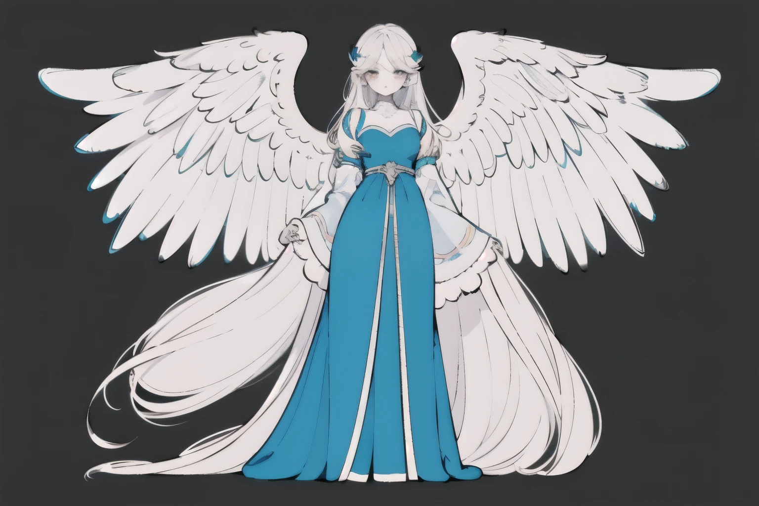 Full body portrait of 1 girl, angelicales, Angel wings, Gorgeous long dress, standing on your feet, (((solo))), Clear facial features, Simple line design, ((Solid black background)), tarot design, Standing drawings of characters, ((flatcolors)), (tmasterpiece，top Quority，best qualtiy，Ultra-high resolution，Clear facial features，beautidful eyes，beauitful face)
