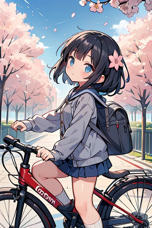 2D illustration,(A flat picture with clear contrast:1.3),(Eye-catching:1.3),High resolution,Best Quality,masterpiece,Distant view,From behind,(Shoot from the feet up, including the whole body:1.3),ultra-wide shot,(Light blue mini velo:1.3),(Girl riding a bicycle:1.3),(Looking up at the sky while running:1.2),1 female,Black Hair,Eye-catching highlights,((She is wearing a grey hoodie cardigan over her sailor uniform with the hood of the hoodie pulled up:1.2)),Pleated skirt,loafers,((Carry a bag)),(Open your mouth),Looking up at the cherry blossoms while running,Looking at something on upper side out of frame,Hair fluttering,Light blue mini velo,morning,Commuting,,City,Cherry blossom trees,(Cherry Blossom Snowstorm:1.1),Not many people around,Cinematic lighting,