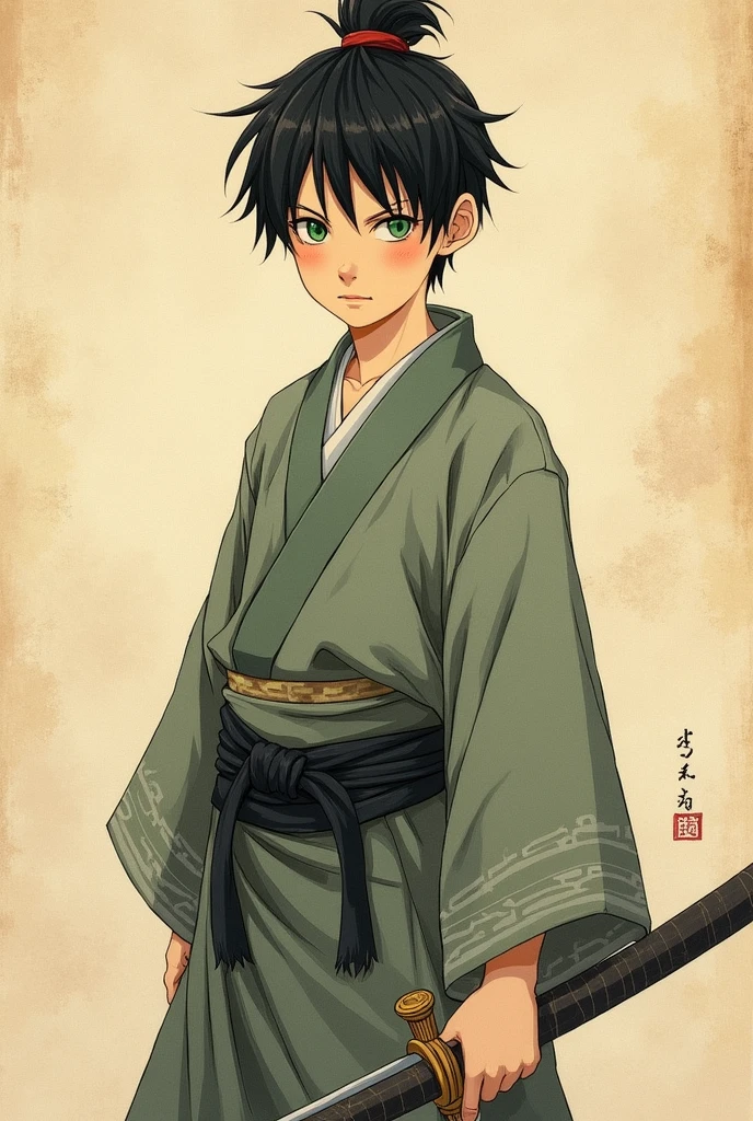 Ancient Japanese painting of a boy,with ninja clothes,without the mascara,with green eyes