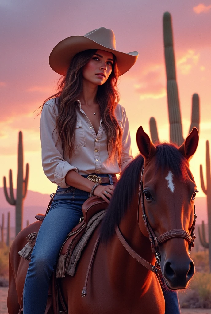 cowgirl in a red valley riding towards the sunset, detailed portrait, beautiful detailed eyes, beautiful detailed lips, extremely detailed eyes and face, long eyelashes, detailed cowgirl outfit, cinematic lighting, dramatic lighting, vibrant colors, fantasy, digital art, highly detailed, hyper realistic, 8k, photorealistic, masterpiece, intricate details