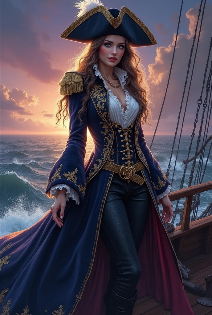 An ethereal scene featuring a stunning female pirate standing on the ...